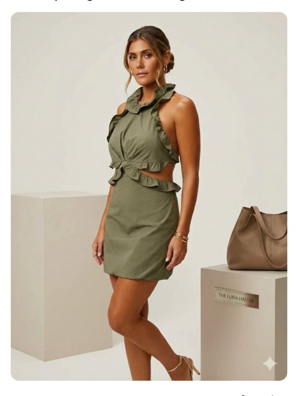 Ruffle Halter Cutout Mini Dress in Olive
